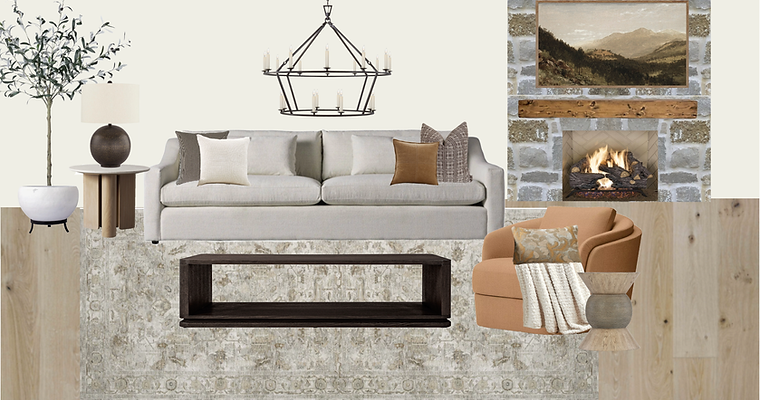 Elegant mood board for a living room with serenity and warmth in mind.