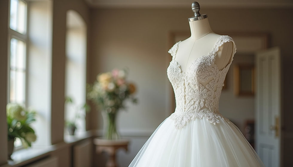 Eye-level view of elegant white bridal gown on mannequin