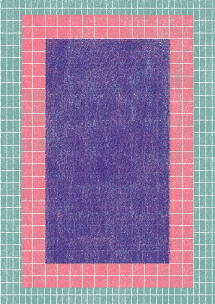 a purple rectangle on a pink and blue tiled background
