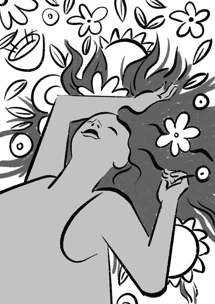 sketch of a smiling woman laying down with her hair full of flowers like irisses, sunflowers, daisies and proteas for Farmer Gracy by Iris van den Akker