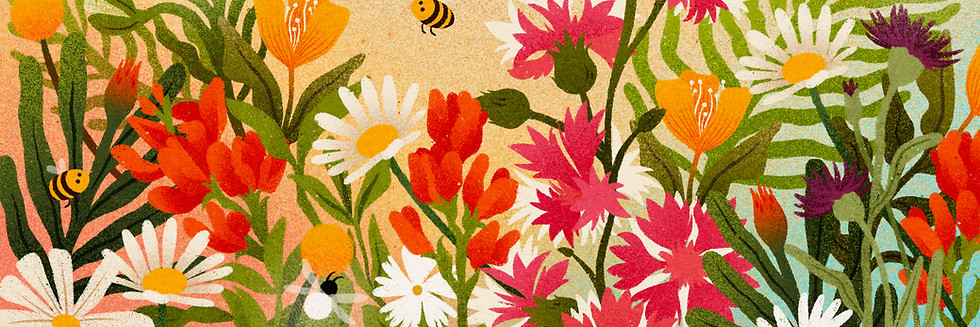 Illustrated banner full of flowers, plants, bees and fireflies by Iris van den Akker