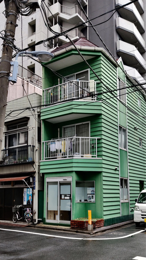 A green corner house in Tokyo