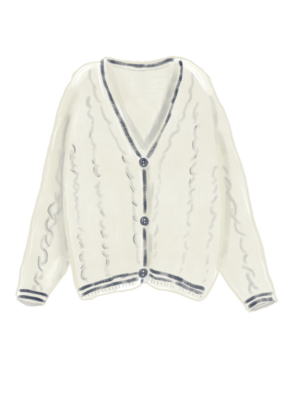 Cream cardigan with wavy stitch detailing, white background, buttoned front design.