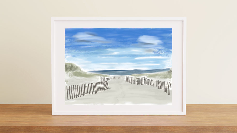 Watercolor painting of beach scene with path and blue sky 