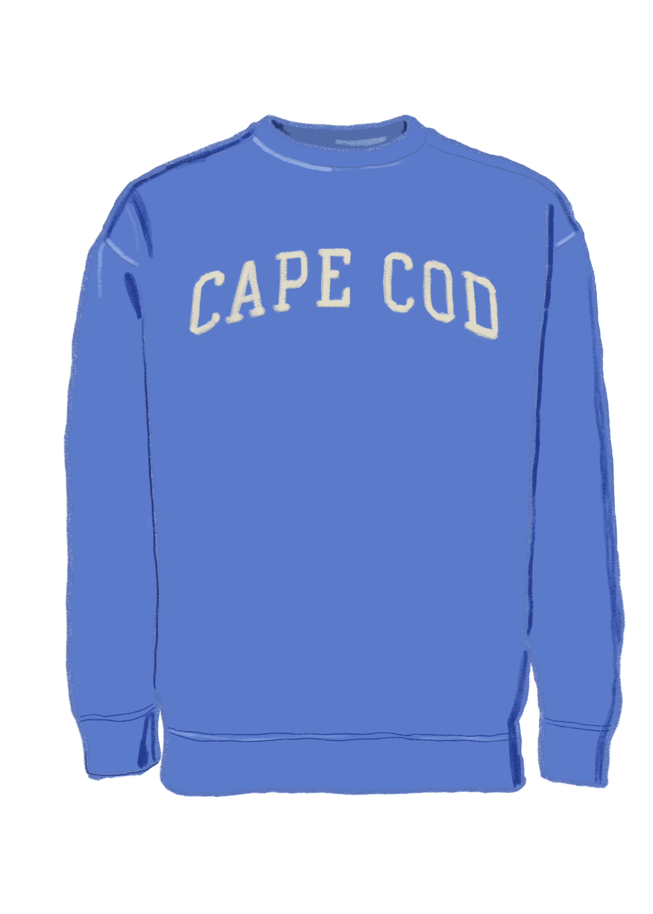 Blue sweatshirt with "CAPE COD" text on it