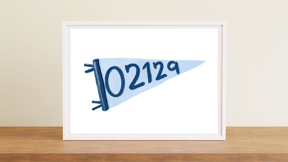 Blue pennant with 02129 zip code within a white frame