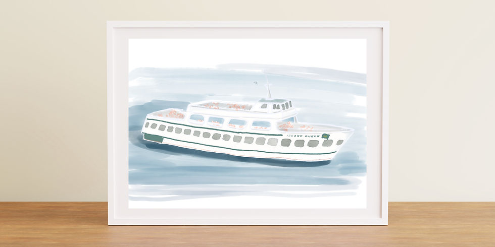 Watercolor painting of a white ferry boat on the water