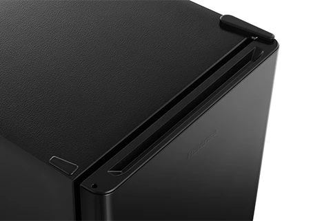 Hisense HRC033ABE compact refrigerator showing round edge door design in black finish