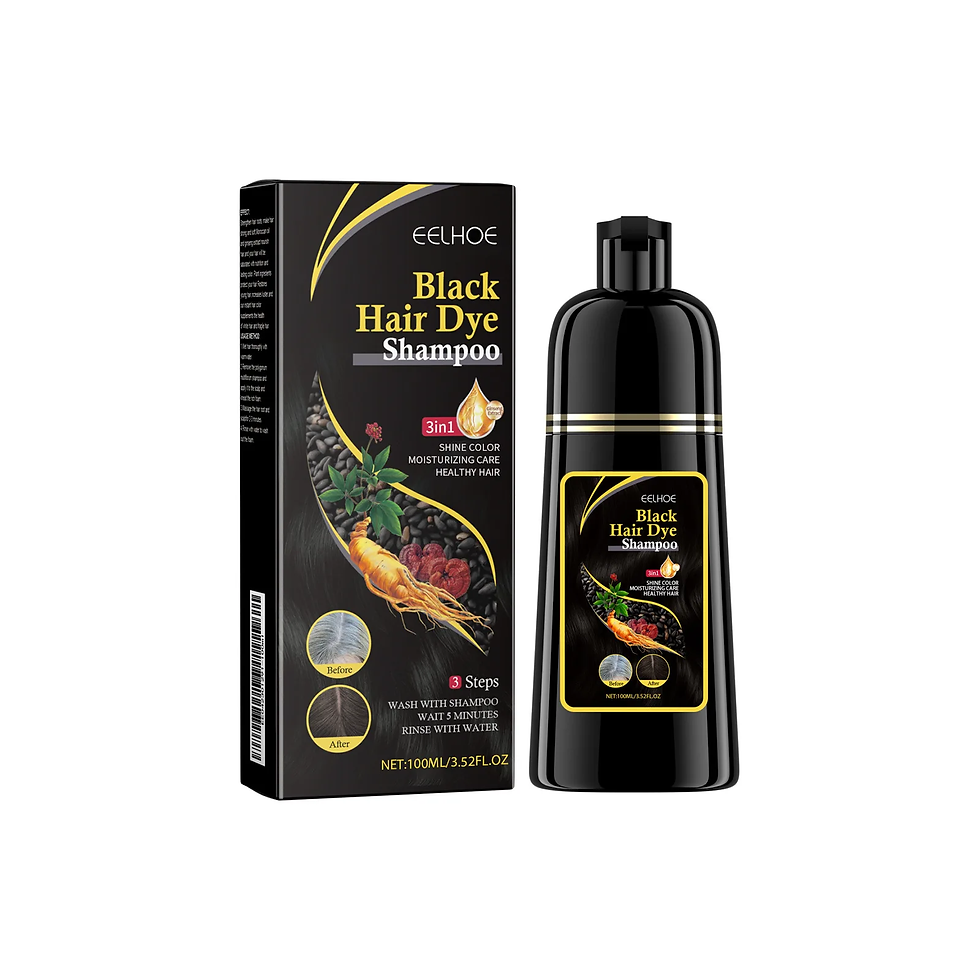 3-in-1 black hair dye shampoo bottle with natural herbal ingredients