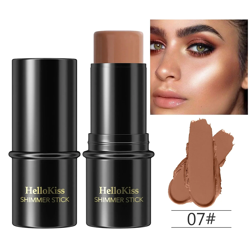Model applying dual-ended contour stick to cheekbone for facial sculpting