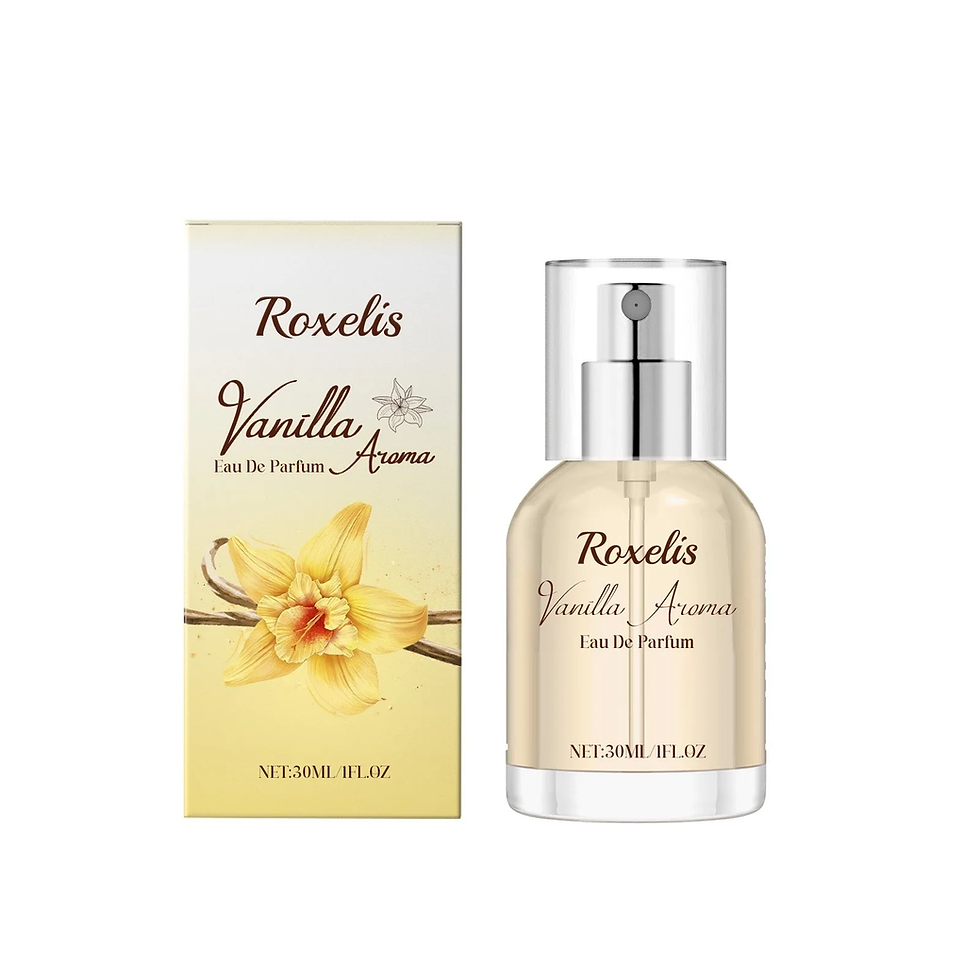 Vanilla Eau de Parfum glass spray bottle with gold cap alongside outer packaging box