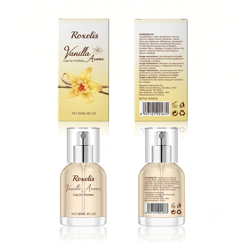 Front view of Vanilla Eau de Parfum glass spray bottle and floral gift box