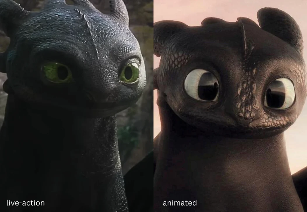 Split image of a dragon in live-action style on the left and animated style on the right. Text reads "live-action" and "animated."