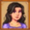 Pixel art portrait of a woman with long dark hair, wearing a purple top and necklace, set against a beige background in a wooden frame.