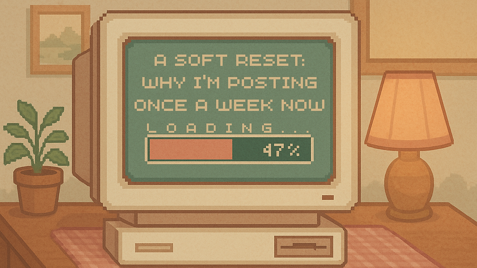 Retro computer with text "A soft reset: Why I'm posting once a week now." Loading bar at 47% on screen. Lamp, plant, and painting nearby.