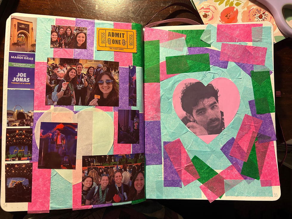 Scrapbook page with event photos, colorful paper collage, and a heart-shaped photo. Visible text: “Admit One,” “Mardi Gras,” “Joe Jonas.”