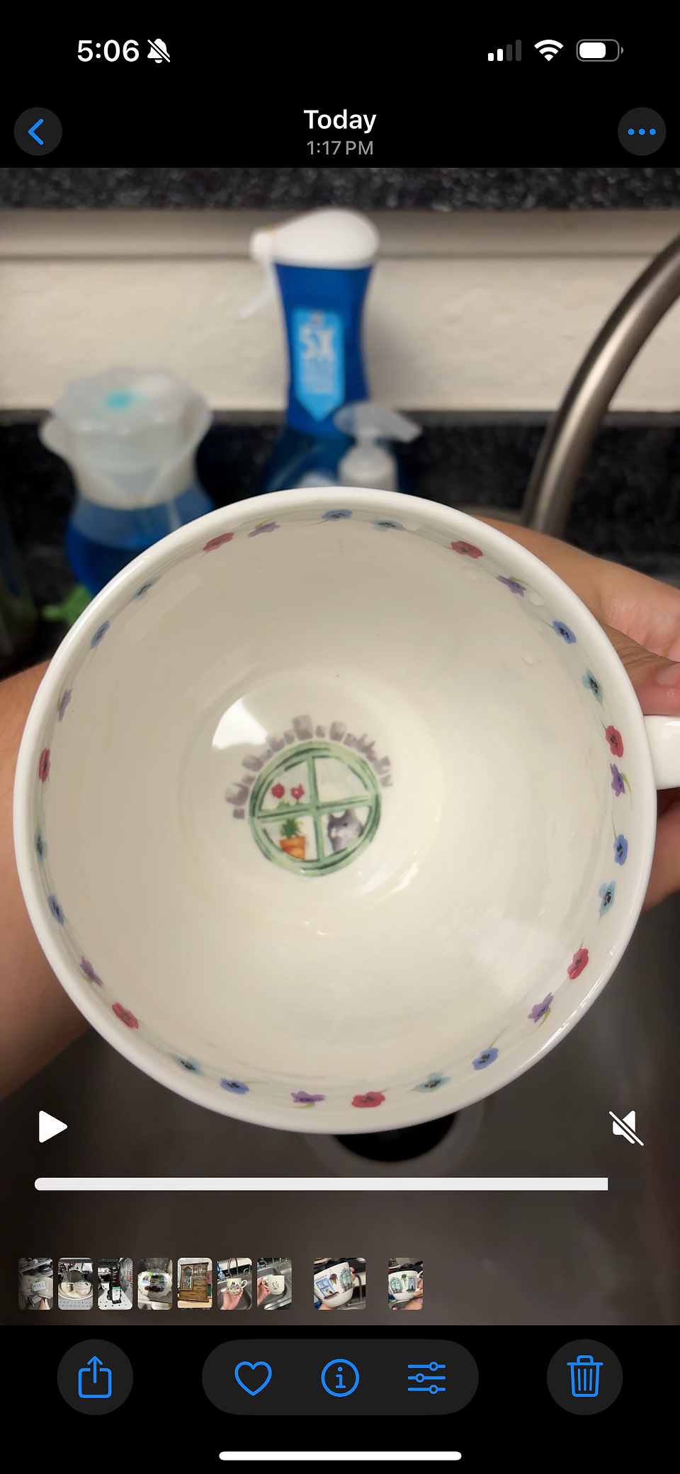 This is the inside of a mug where you can see a cat in a window with plants.