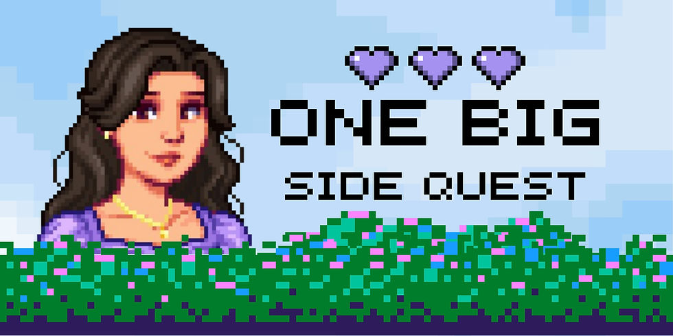 A brown haired pixel girl wearing a purple dress. The whole image is in a video game pixel style portrait. There is a blue sky background and three purple hearts. You can also read text that says "One Big Side Quest."