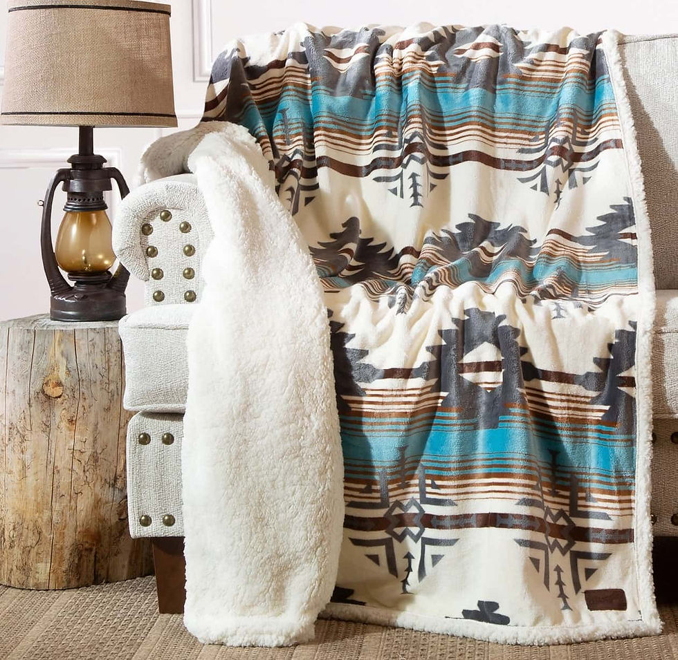 A Wrangler "Lone Mountain" sherpa throw blanket with blue, gray, and brown aztec pattern sold by Happy Harvest Co.