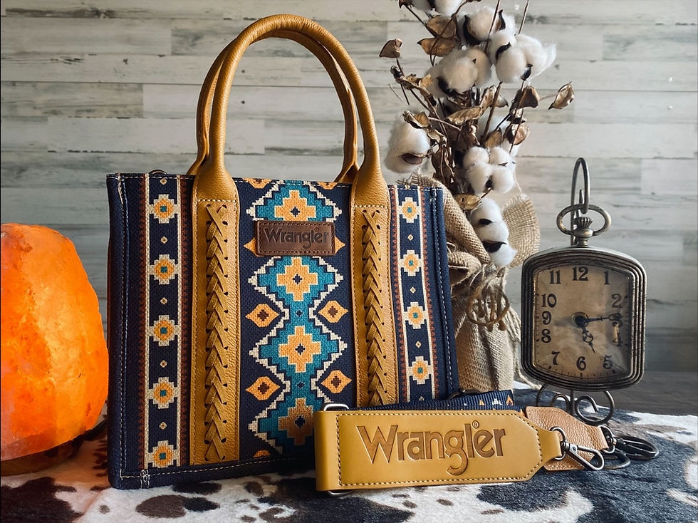 A yellow and blue aztec print purse tote from Wrangler sold by Happy Harvest Co.