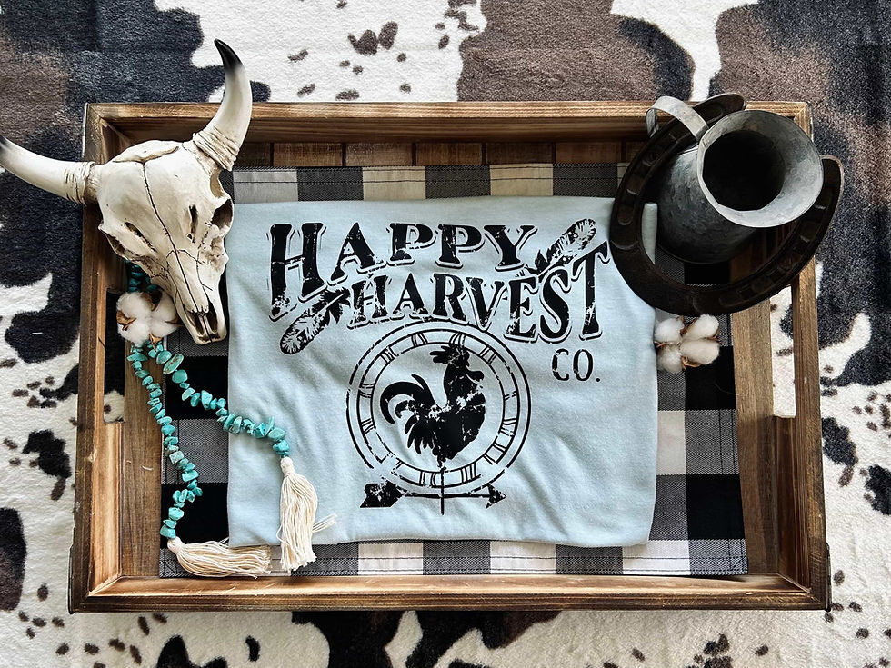 A Happy Harvest Co. Graphic tee in light blue with a cute western rooster and feather design.