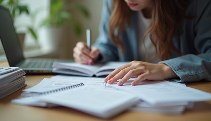 Eye-level view of a student studying with CELPIP preparation materials at a desk