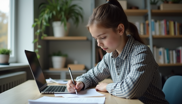 Eye-level view of a student studying IELTS materials with focused notes and a laptop