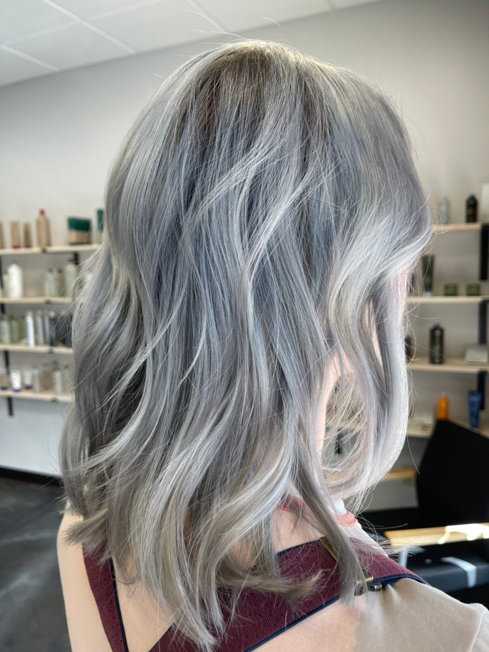 Stylist Tessa Tate's silvery blonde using Aveda's Demi + Grey hair color
