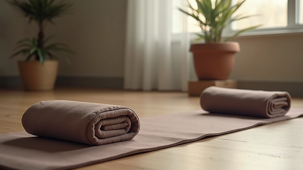 Plano detalle de una esterilla de yoga y accesorios en un estudio local