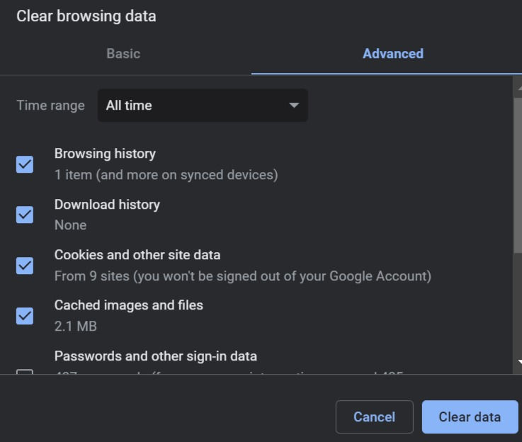 A screenshot of the Google Chrome browser's "Clear Browsing Data" screen is shown. The screen displays a range of options and settings related to clearing browsing history.