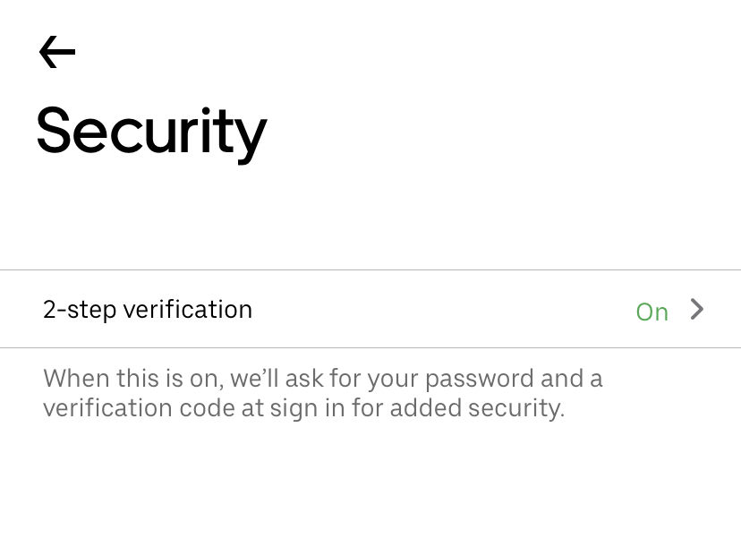 A screenshot of the Uber account settings page, where the user is setting up two-step verification for their account.