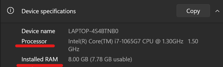 Screenshot of the CPU device specifications screen.