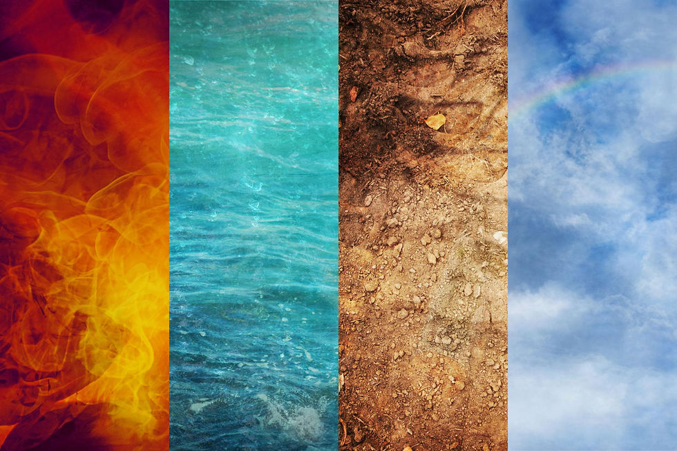 Four elements represented visually: fire, water, earth, and air.