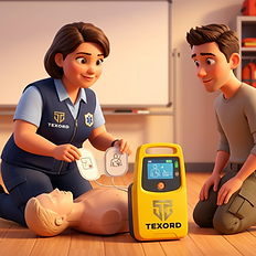 Instructor demonstrating AED pads on a CPR mannequin.
