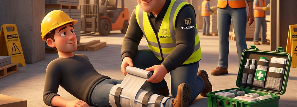 Worker applying a bandage at an L3 First Aid at Work scene.