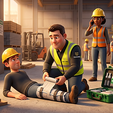 Worker applying a bandage at a warehouse first aid scene.