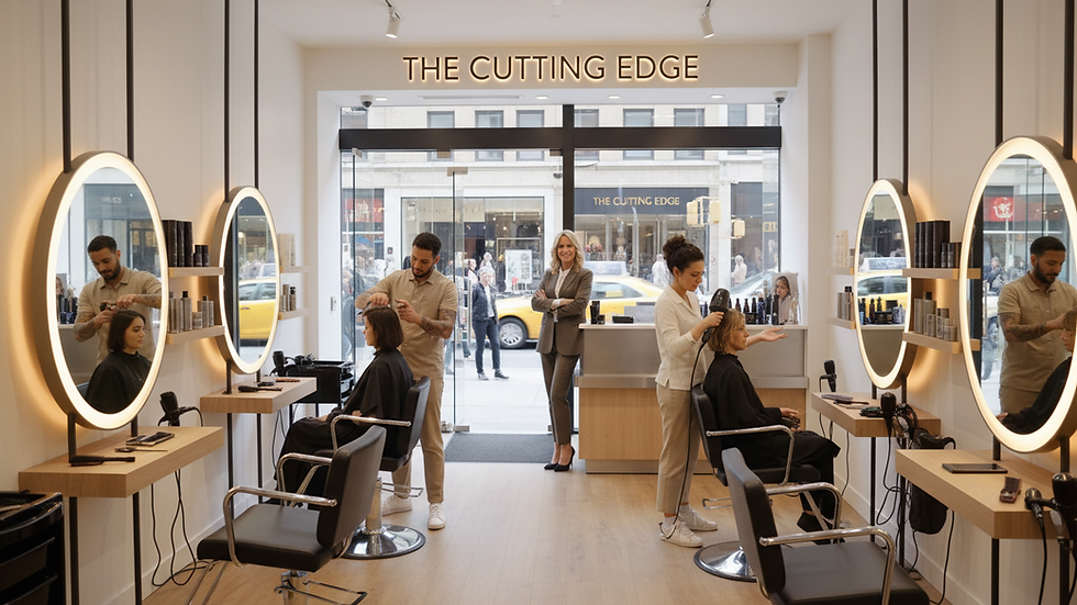 Eye-level view of a modern salon interior with clean styling stations