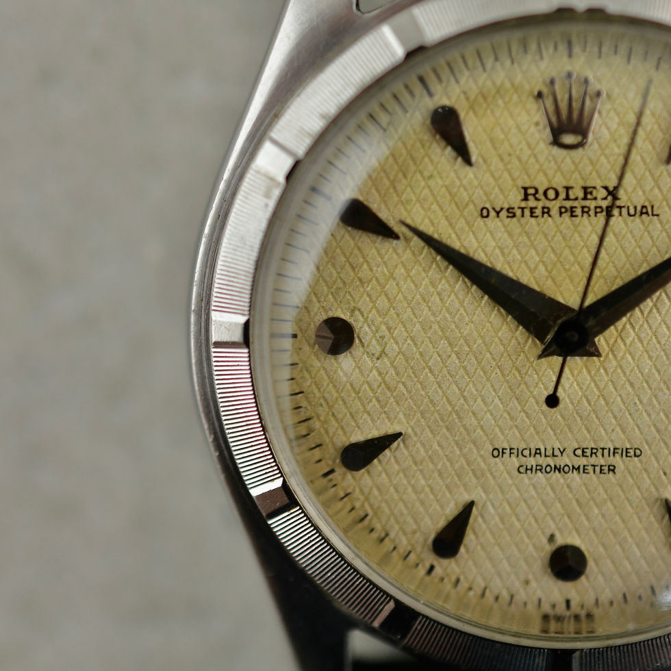 Thumbnail: Rolex Oyster Perpetual Big Bubble Back, honeycomb OCC dial, ref. 6107 in steel