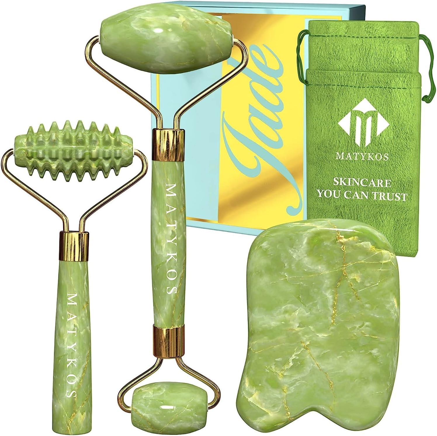 Jade Roller for Face and Gua Sha Set - 2 Anti-Aging Facial Rollers and Gua-Sha F