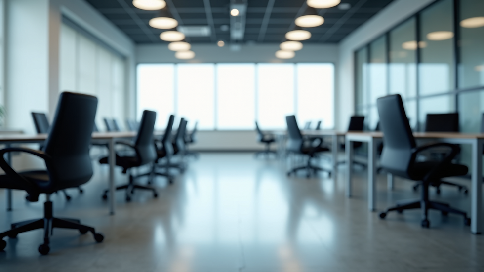 Eye-level view of an open office space with empty chairs and desks