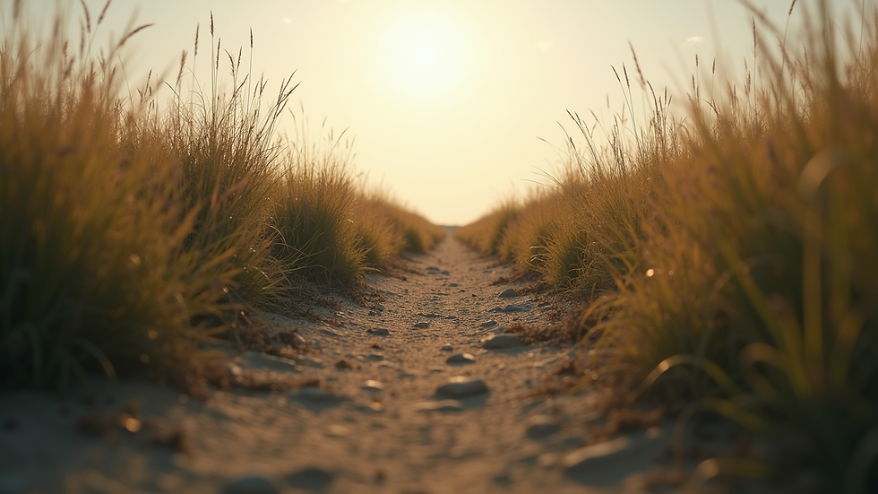 Eye-level view of a desolate path surrounded by tall grass