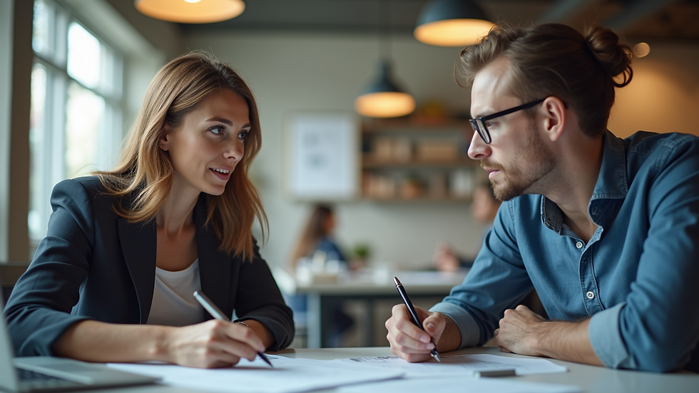Eye-level view of a business consultant discussing strategies with a start-up founder