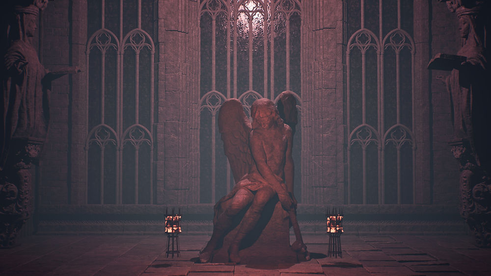 Winged angel statue in a gothic PC game chamber