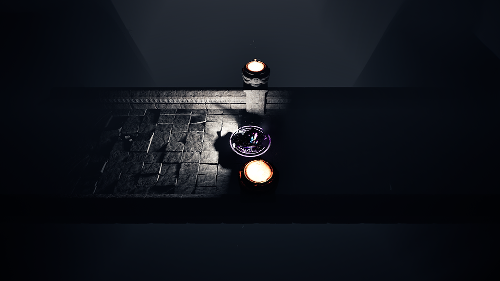 Top-down view of a character in a dark dungeon PC game.