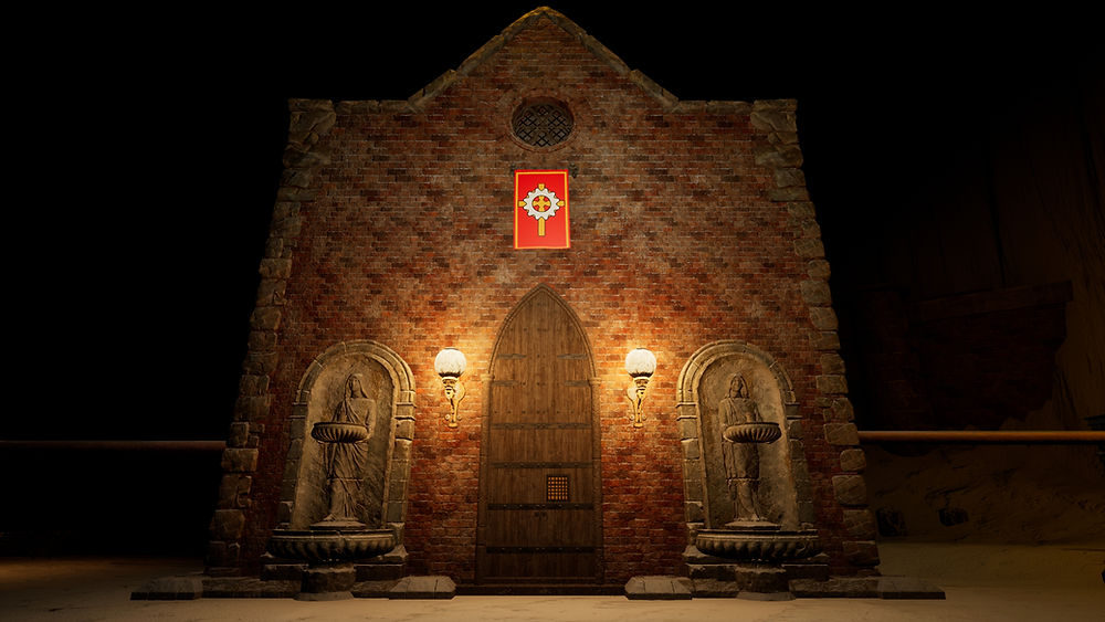 Stone temple entrance scene from a PC game at night.