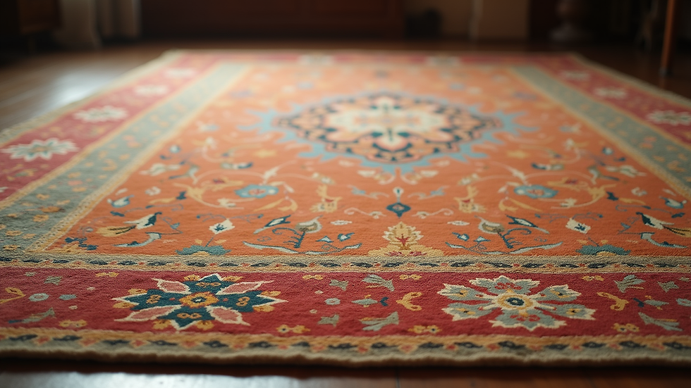 Vue rapprochée d'un tapis ancien avec motifs orientaux colorés