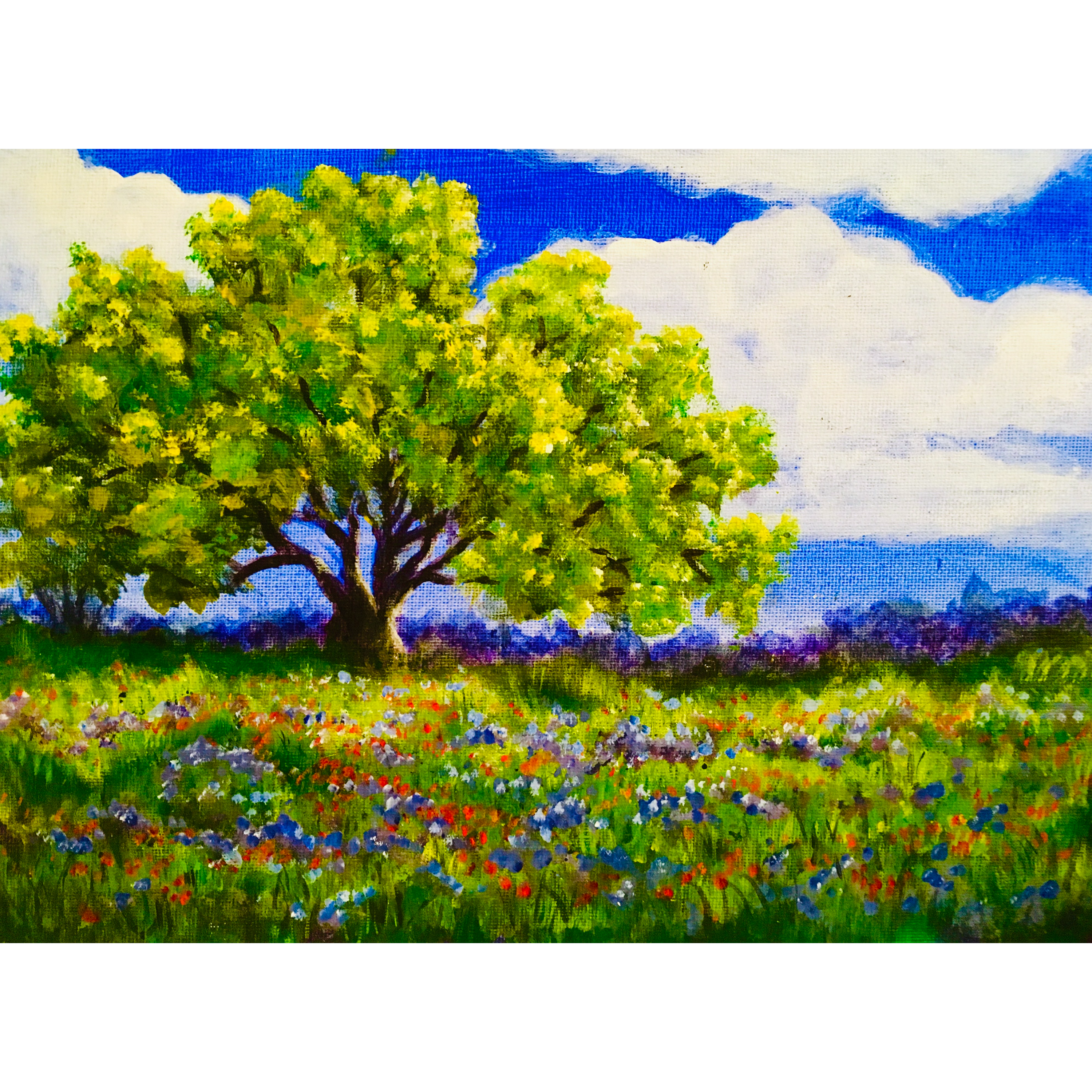 Feb 8, Acrylic Painting for Beginners, Tree & Bluebonnets, Sunday, 1-4pm