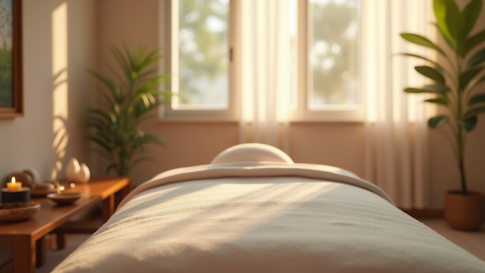 Eye-level view of a peaceful Reiki therapy room with soft colors
