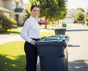 A young professional woman taking the trash and recycle bins to curb for municipal pickup.