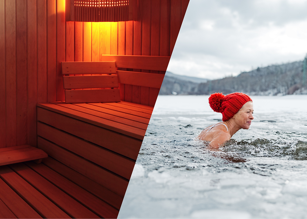 A cozy sauna with warm lighting; alongside, a person in a red hat swims in an icy lake. The mood is vibrant and invigorating.